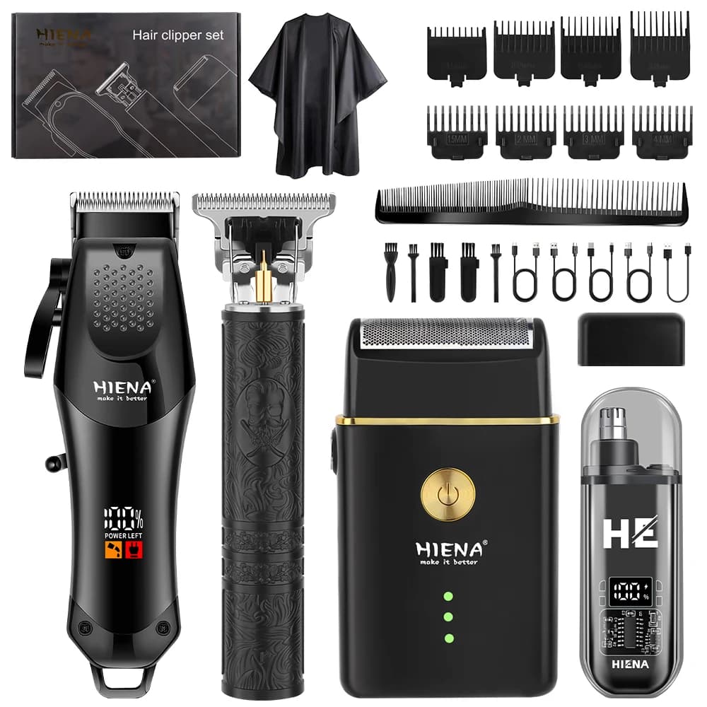 HIENA 4IN1 LCD Hair Clipper T Trimmer Foil Shaver Nose Trimmer USB Cordless Men Barber Haircut Kit