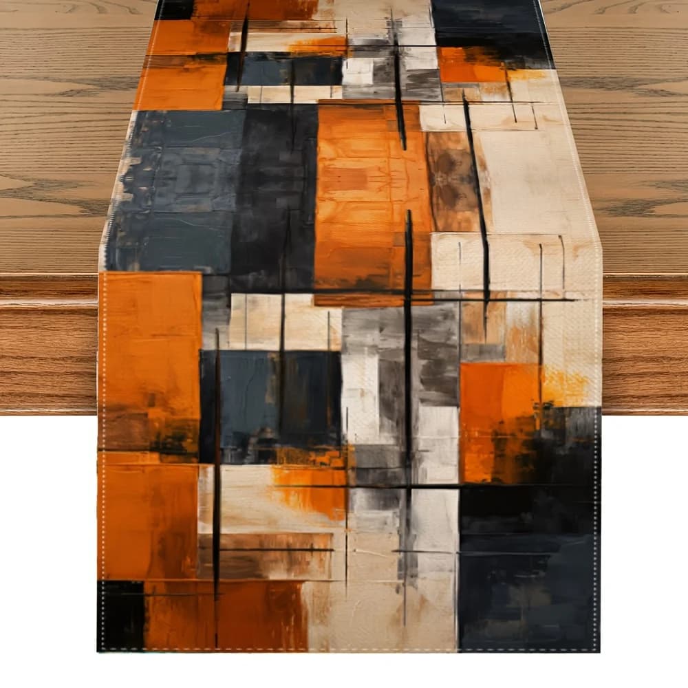 Runner da tavolo in lino con arte astratta ad acquerello per decorazioni per feste, runner da tavolo con motivo a strisce nere arancioni, decorazioni per sciarpe
