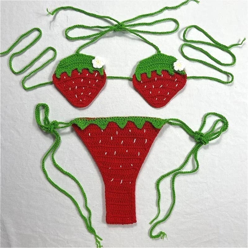 Hand woven sexy swimsuit with strawberry, women's bikini with fruit, adjustable bandage, split swimsuit, lemon women's swimsuit, swimsuits
