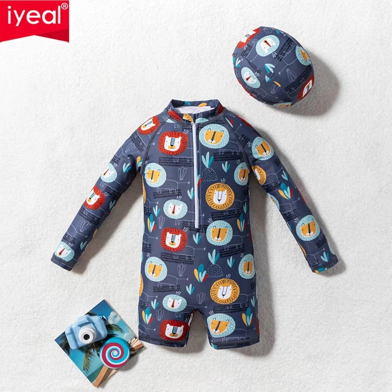 Fashionable swimsuit for children IYEAL, cute printed swimsuit for boys, long sleeved swimsuit with sun protection for the beach and thermal springs + swimming hood set