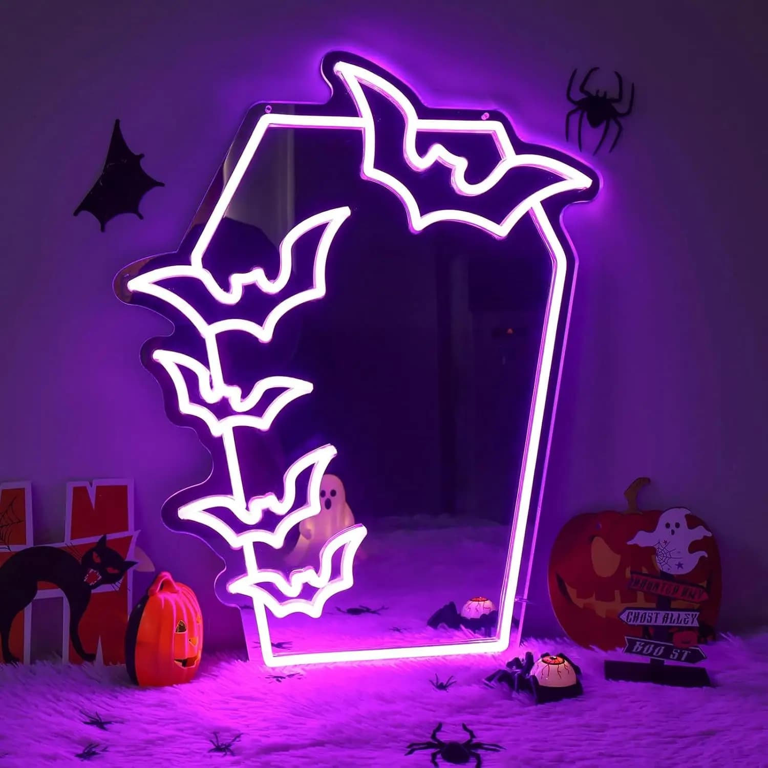 Specchio per bara con pipistrello, insegna al neon, luce al neon a LED gotica, specchio per bara, alimentato tramite USB, per camera gotica, arte della parete, sala per il trucco, festa di Halloween