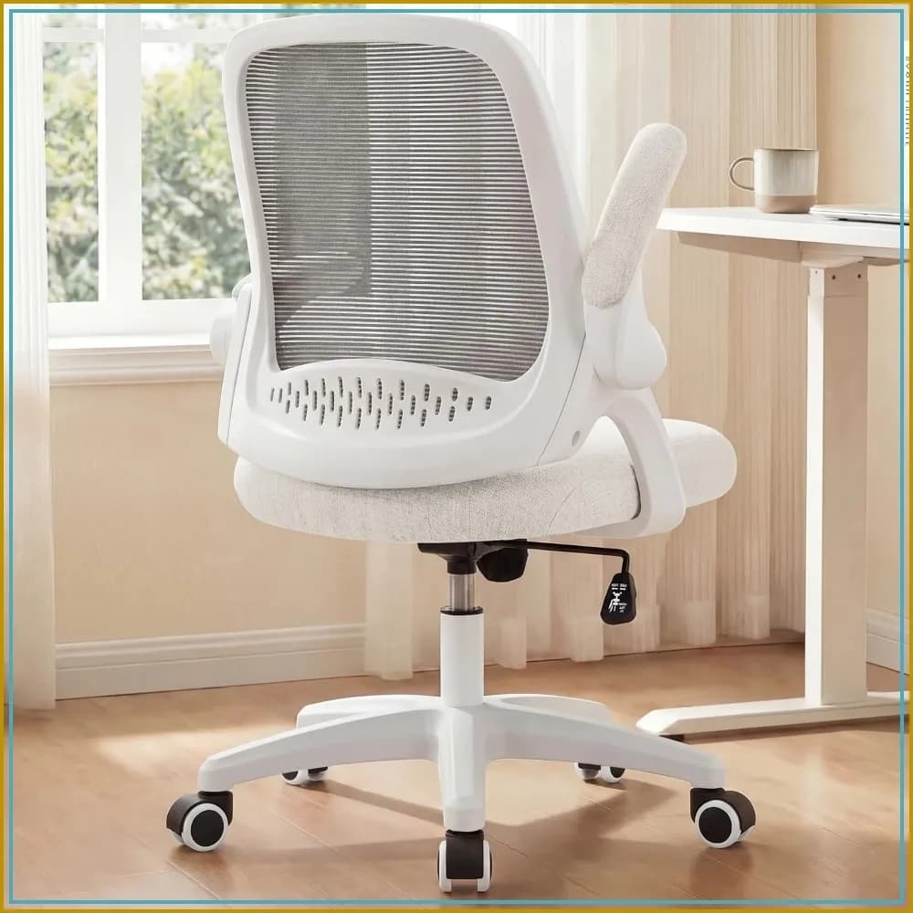 Ergonomic Mesh Office Chair with Lumbar Support, Adjustable Height & Flip-up Arms, Swivel Rolling Wheels for Home or Gaming, Ivory