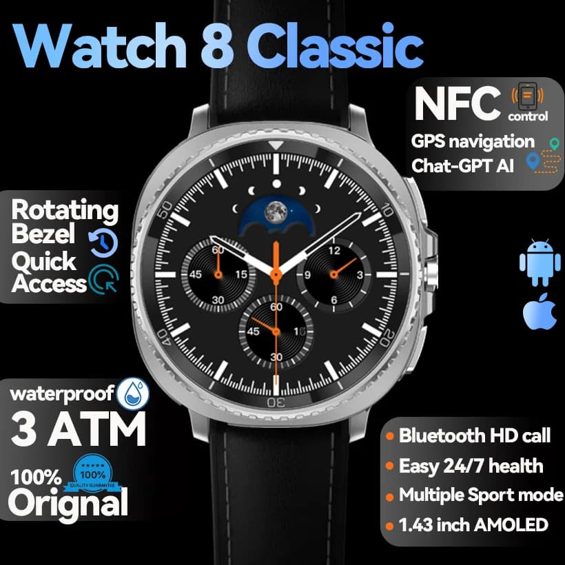 Orologio 8 Bussola GPS ultra classica NFC SmartWatch Versione 46mm AMOLEL Quadrante rotante Chiamata BT Orologio impermeabile 3ATM Orologio 7 aggiornato