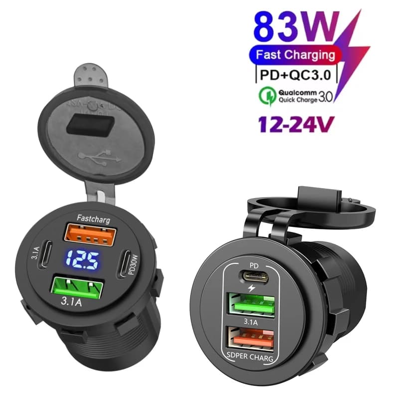 NEW Dual PD Dual QC 3.0 to 3/4 port USB Car Charger with Voltmeter Adapter Voltmeter Adapter Voltmeter Power Adapter 12V/24V