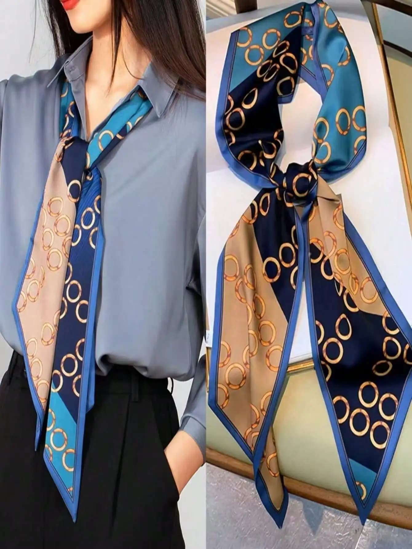 Sciarpa Lunga in Raso Effetto Seta, Stampata su Due Lati, Versatile come Sciarpa per il Collo, Accessorio per Capelli o Cintura, Accessorio Moda per Uso Quotidiano Primavera-Estate