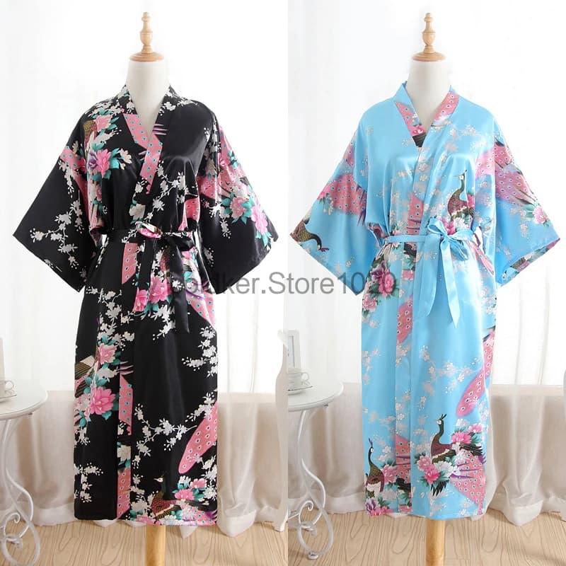 New Rayon Satin Wedding Bridemaid Long Robe for Women Flower Print Intimate Lingerie Kimono Bath Gown Lady Sexy Yukata Nightwear