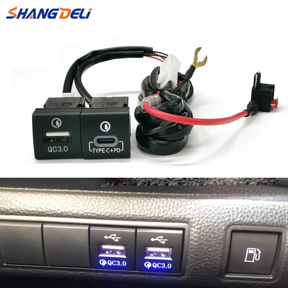 Auto Light Blue QC3.0 USB Type C PD Double Charging socket Power Adapter Size for Toyota PRADO 2018-2022