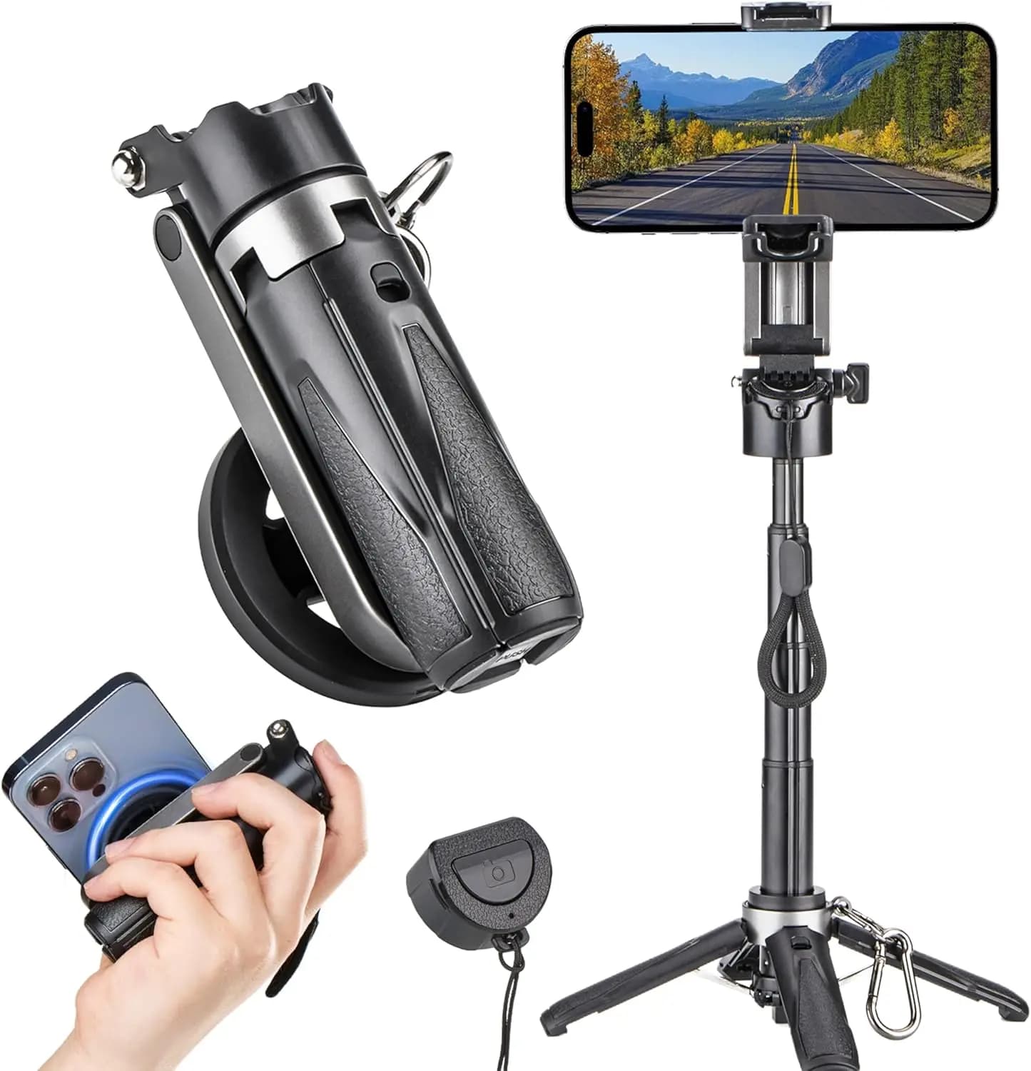 Portable MagSafe Tripod Stand for iPhone, Pocket Selfie Stick with Rechargeable Remote and Metal Ring, Extendable Detachable