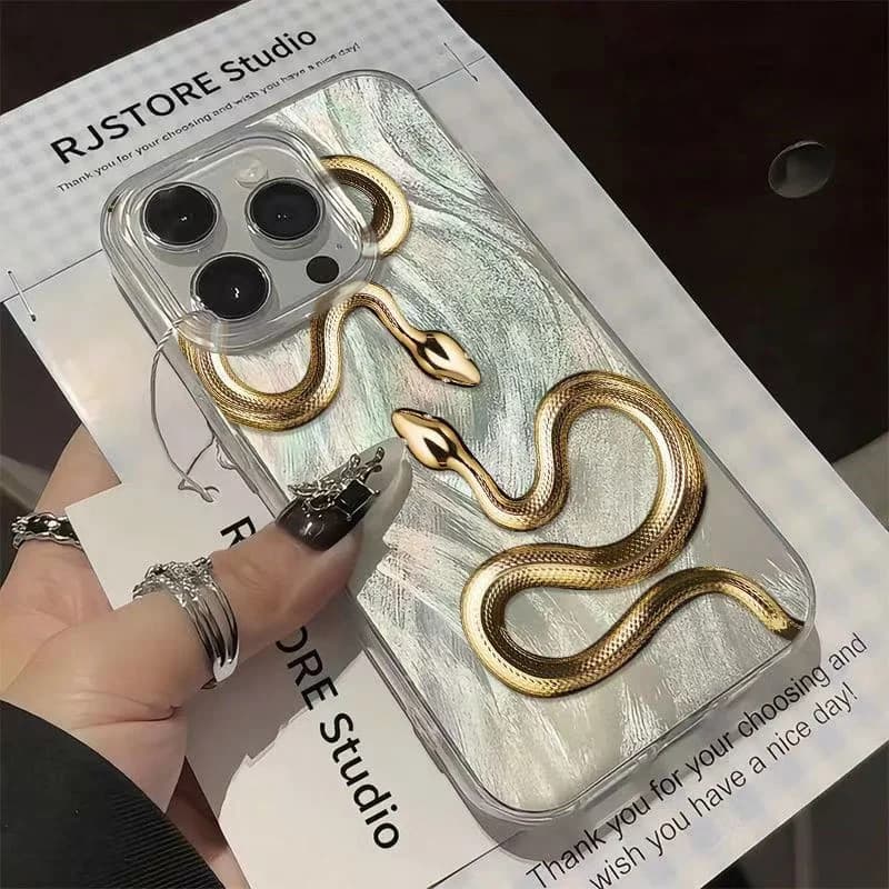 Custodia con stampa serpente dorato per iPhone 16 15 14 13 12 11 17 Pro Max 16 Plus 16E 17 Air Feather Chiffon Texture Cover placcata argento