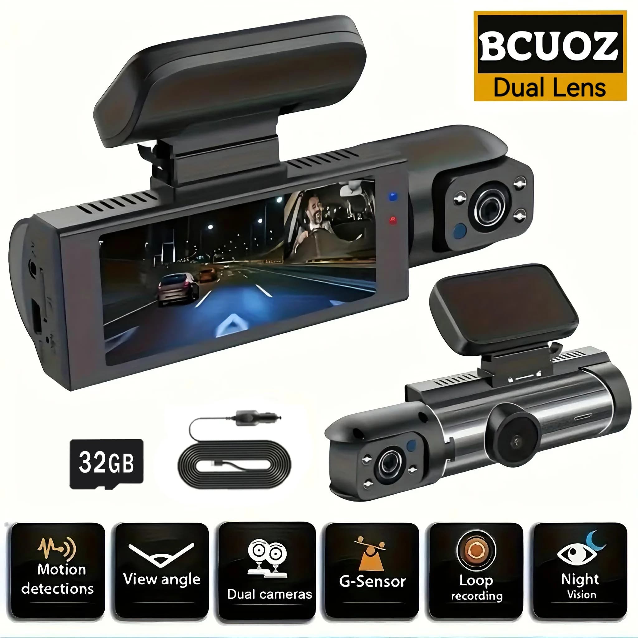 BCUOZ Dual-Lens Dashcam, 1080P Front + 720P Built-in car cameras, Super night vision, Loop recording, G-Sensor, WDR, 12-24V car plug power supply,Optional 32GB memory card.