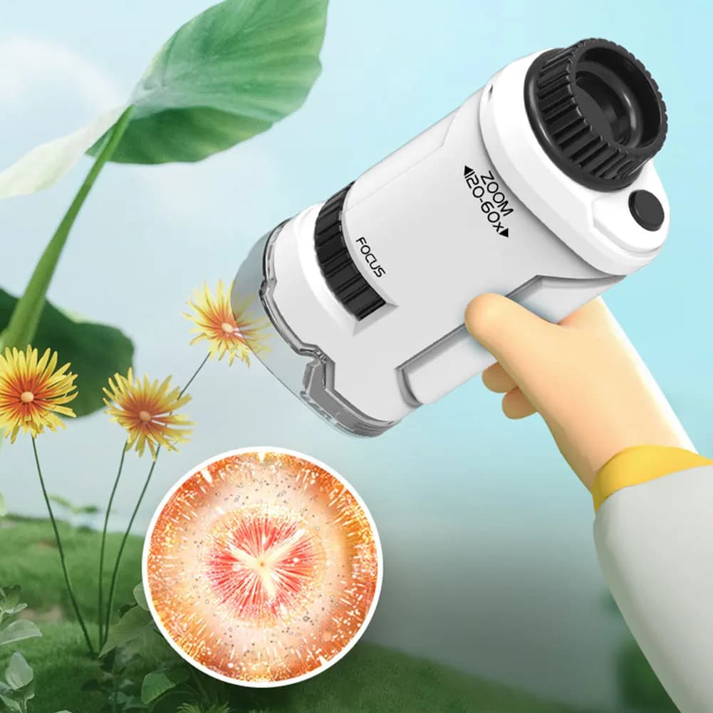 Kit Microscopio Mini con Luce LED, Microscopio Educativo Scientifico a Batteria, Microscopio Portatile Mini per Bambini, Giocattolo per Esterni