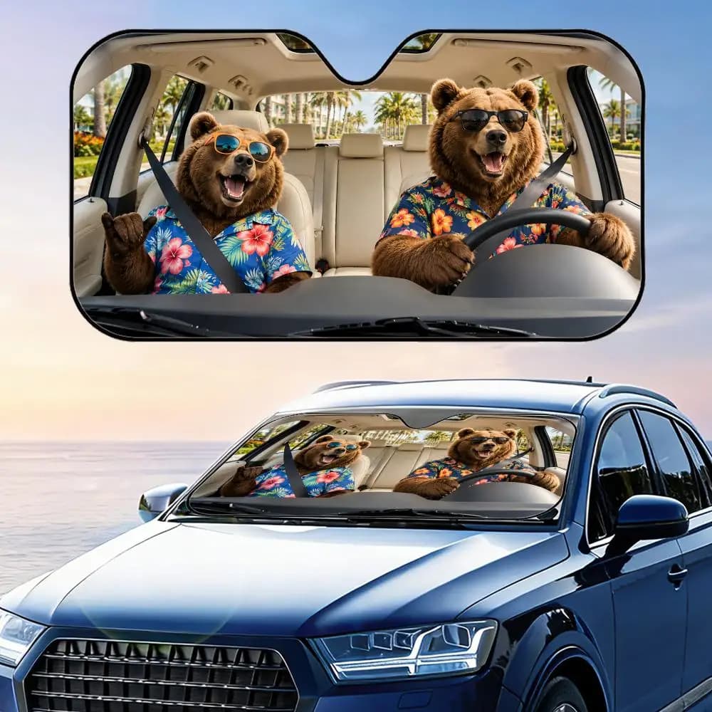 Parasole per Auto con Orso in Camicia Hawaiana, Divertente Protezione UV Riflettente Pieghevole per Parabrezza, Copertura Isolante dal Calore