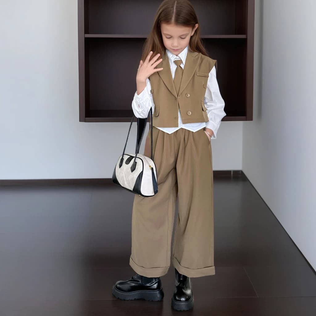 Vestito da ragazza Giacca alla moda Gilet Camicia Pantaloni a gamba larga 3 pezzi Scuola Adolescente Bambini Abiti formali Set Abiti casual per feste per bambini
