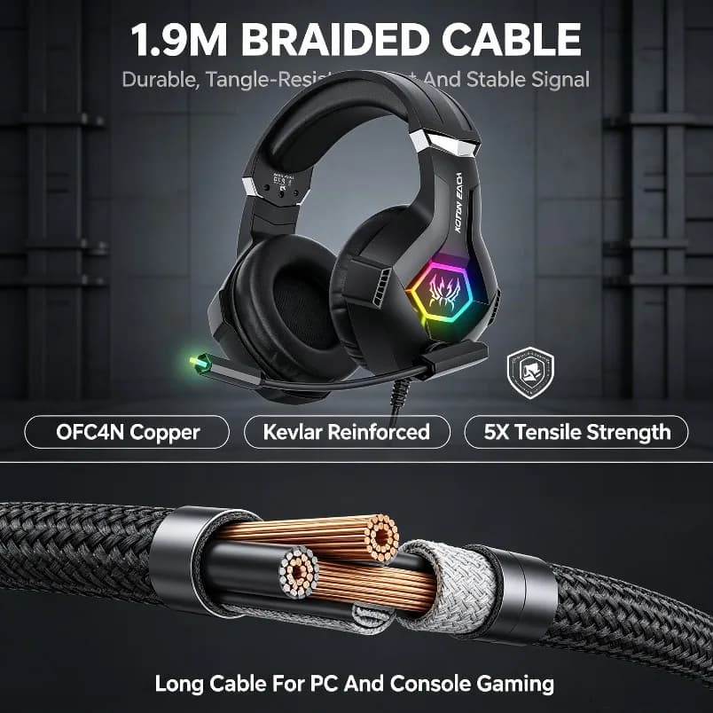 PS5 Gaming Headset Wired Stereo Bass RGB Light Noise Cancelling Mic For PC PS4 Xbox One Mobile 3.5mm USB Braided Black