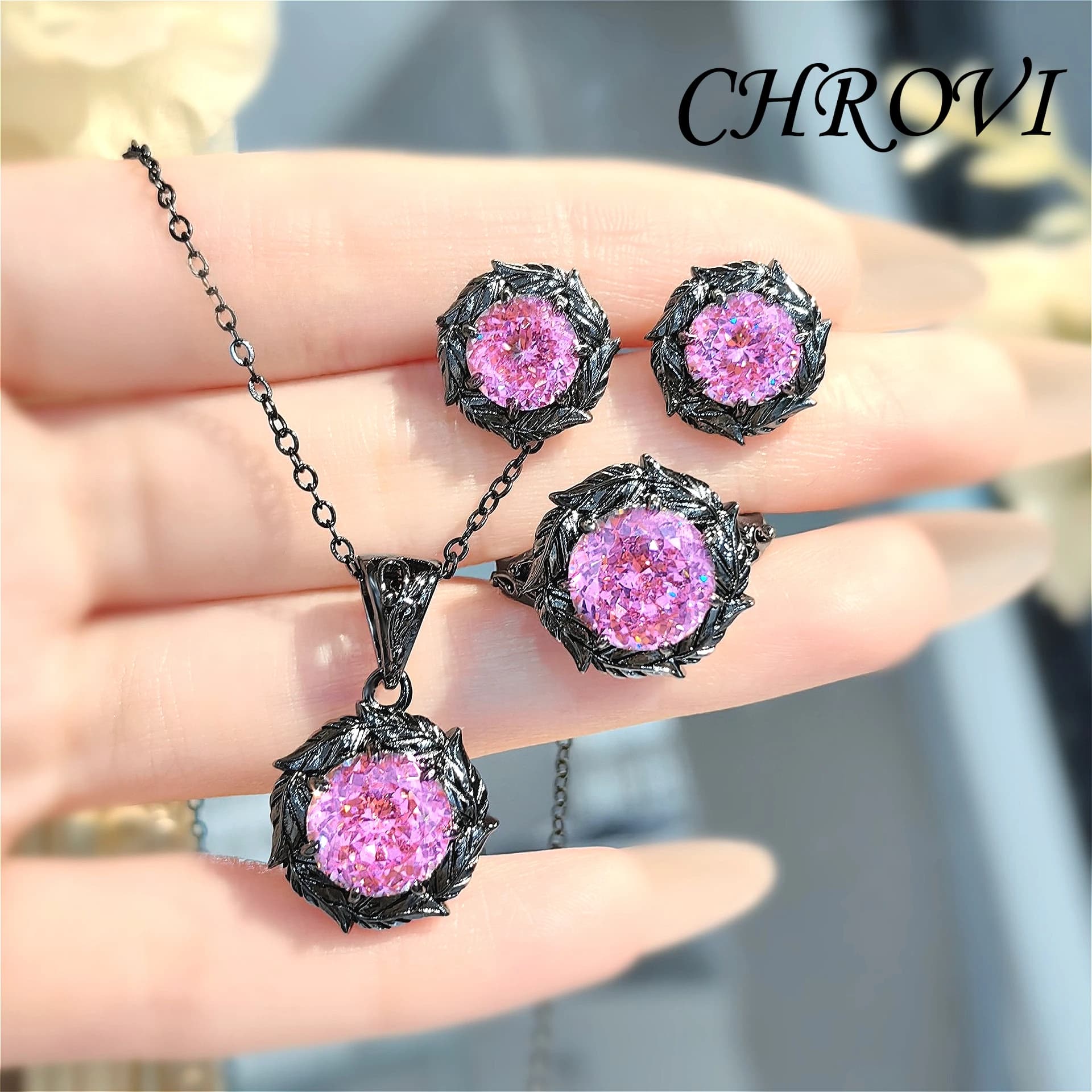 Elegante Set di Gioielli in Argento Sterling 925: Collana con Pendente a Rosa, Orecchini a Perno, Anello con Morganite e Gemme Colorate