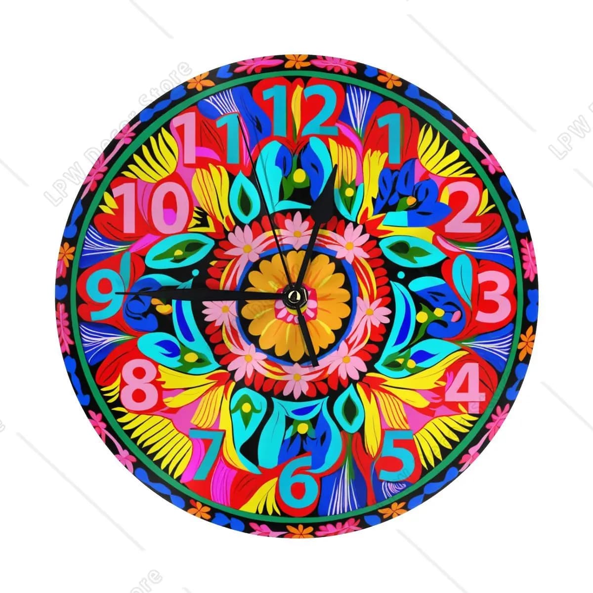 Wall clock with colored mandala Silent 10 inch PVC battery analog watch without ticking for office room