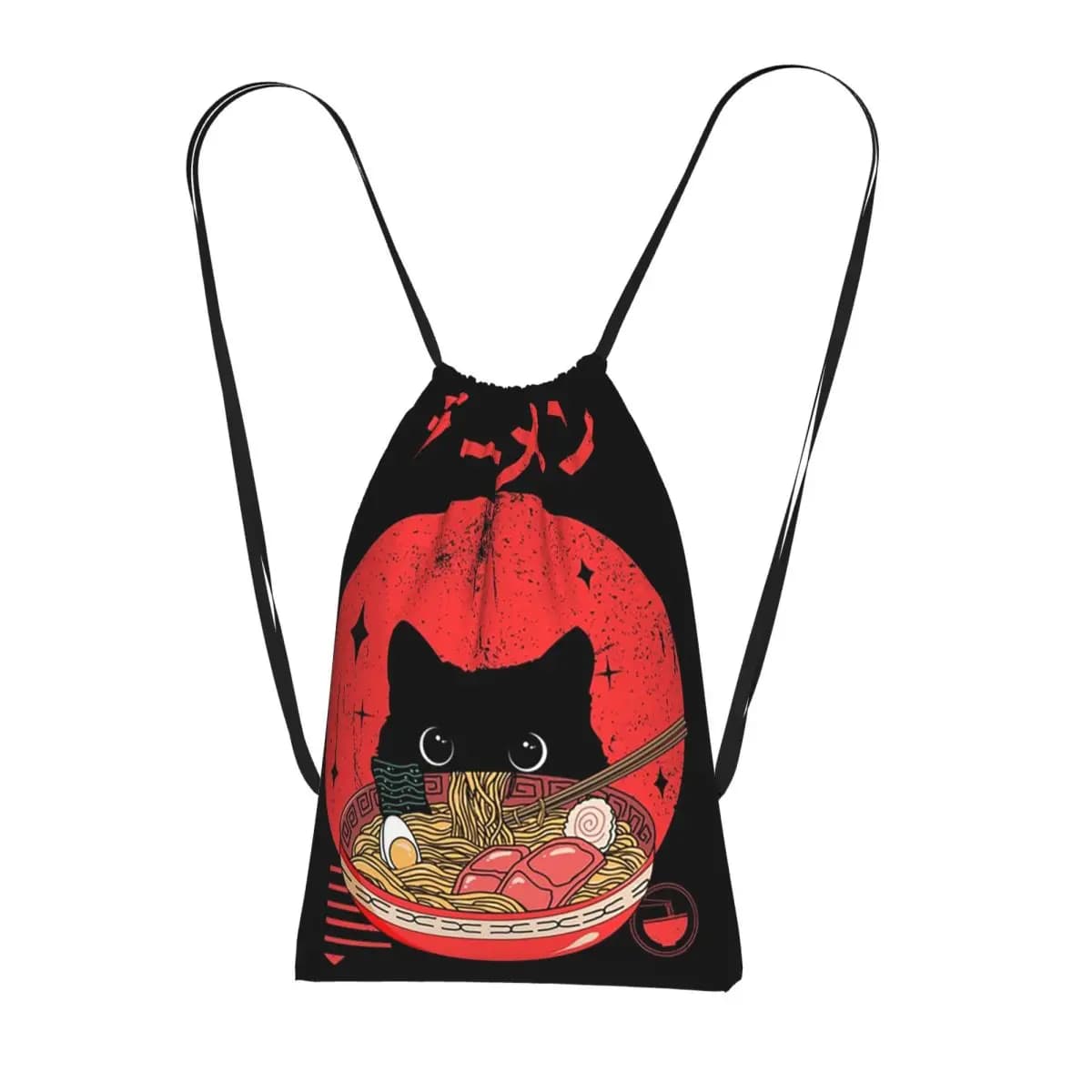Un adorabile gatto che si gode una tazza di ramen. Zaini multifunzione con coulisse, borse portaoggetti, borse per libri per uomo, donna, scuola.