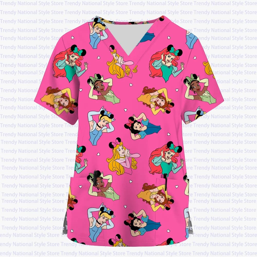 Estate delle nuove donne uniforme Disney Princess scollo a V a maniche corte smerigliato Top stampato infermiera dentale salone di bellezza T-shirt da donna