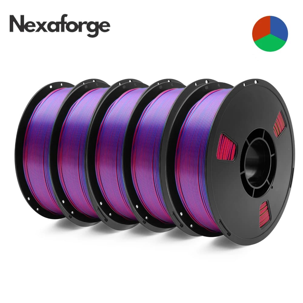 Filament for 3D Printer in PLA Tricolor Silk from 5KG, 1.75mm, 1kg/bobin, 3D Printing Material, Color Change in Base to Angular, PLA Rainbow Silk, 5 Rolls