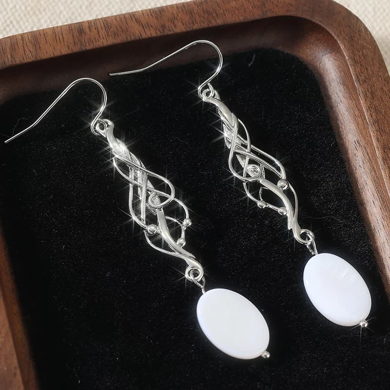 Long pendant earrings in silver classic style with inlaid synthetic opal, women's jewelry for everyday and holidays, gift idea.