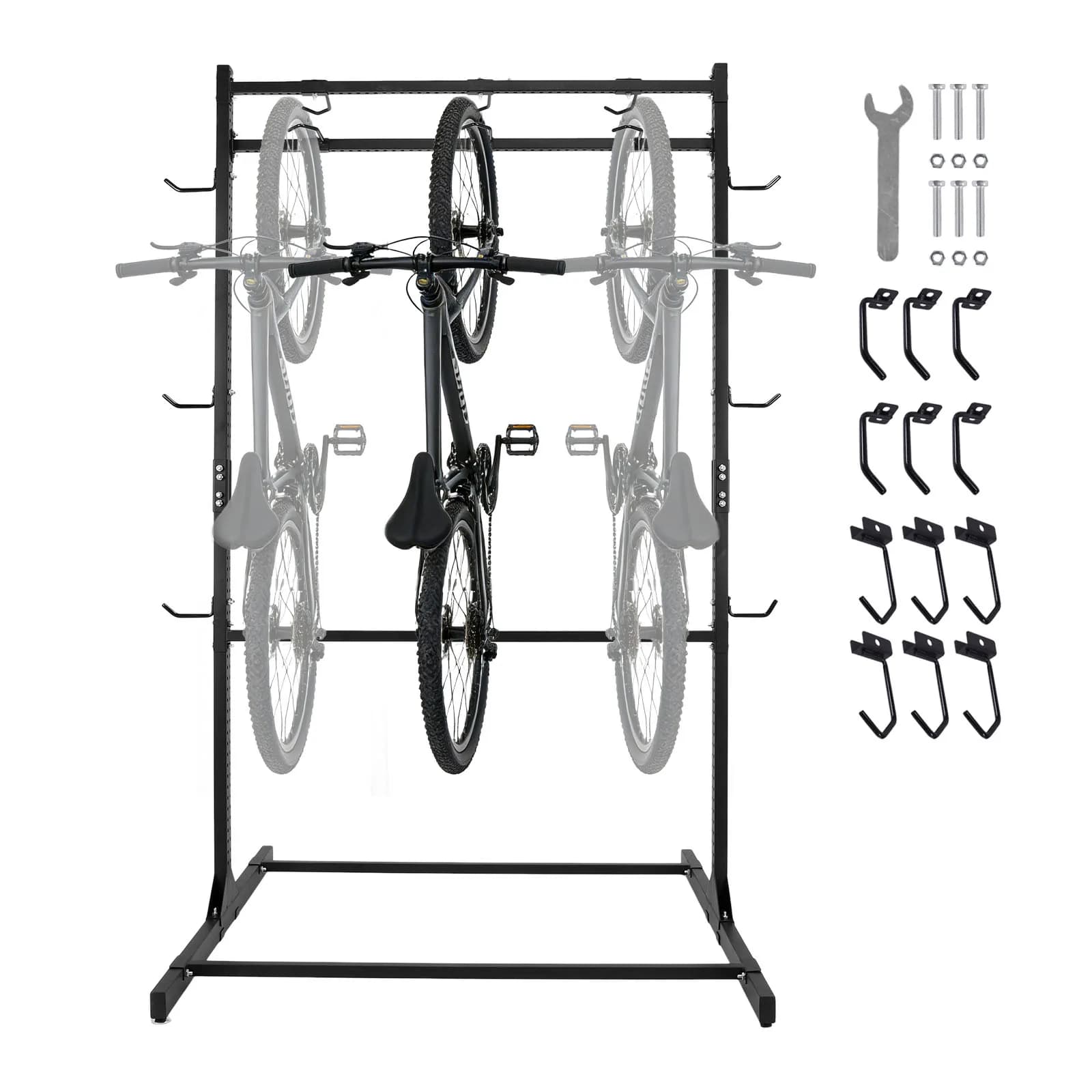 Organizzatore per biciclette da interno con ganci regolabili, porta biciclette verticale, contiene fino a 6 biciclette e 6 caschi, per biciclette da strada e MTB