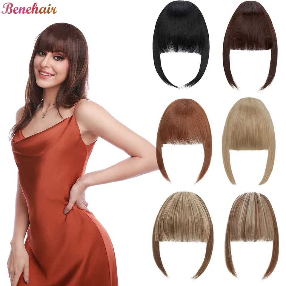 Benehair Synthetic Fake Blunt Air Bangs Clip In Hair Extensions Clip In French Bangs Straight Fringe False Hairpiece For Women