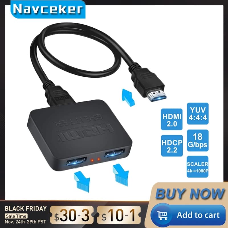Splitter HDMI Navceker 1x2 1080P 4K Splitter HDMI 1 in 2 out 2 porte amplificatore HDMI Splitter cavo HDMI 2.0 per HDTV PS4 PS5 Xbox