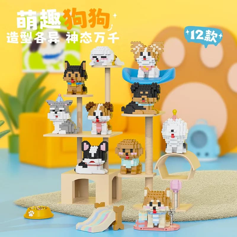 Set di 12 Mini Blocchi da Costruzione a Forma di Cane, Compatibili con Micro Mattoncini, Giocattoli Educativi Trendy, Decorazione da Scrivania, Regalo