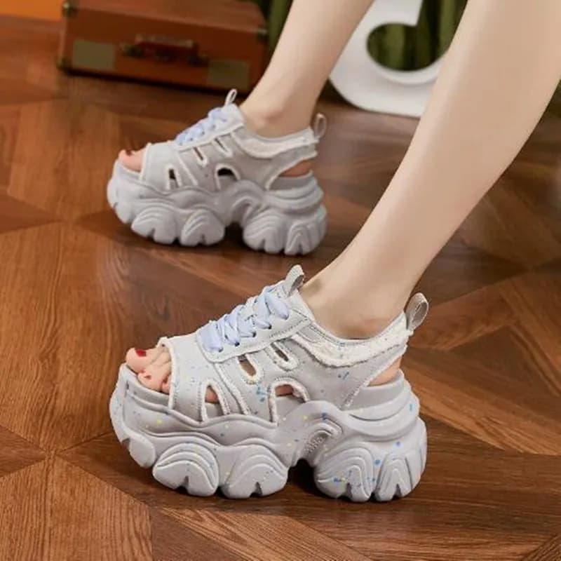 10cm New Fashion Synthetic Microfiber Leather Hollow Platform Wedge Women Sandals Flats Chunky Sneakers Peep Toe High Brand Shoe