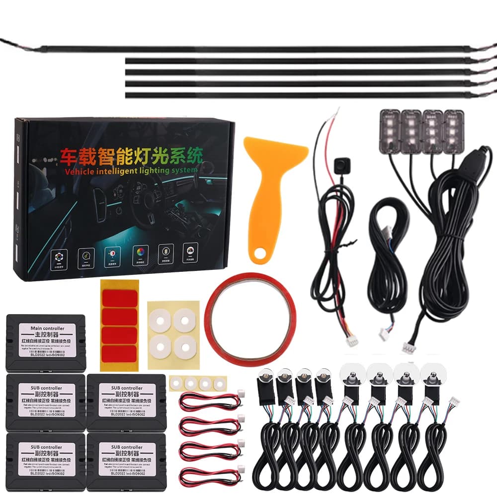 Universale 18 In 1 LED luce ambientale per auto RBG 64 colori interni striscia acrilica retroilluminazione guida decorazione atmosfera lampada cruscotto