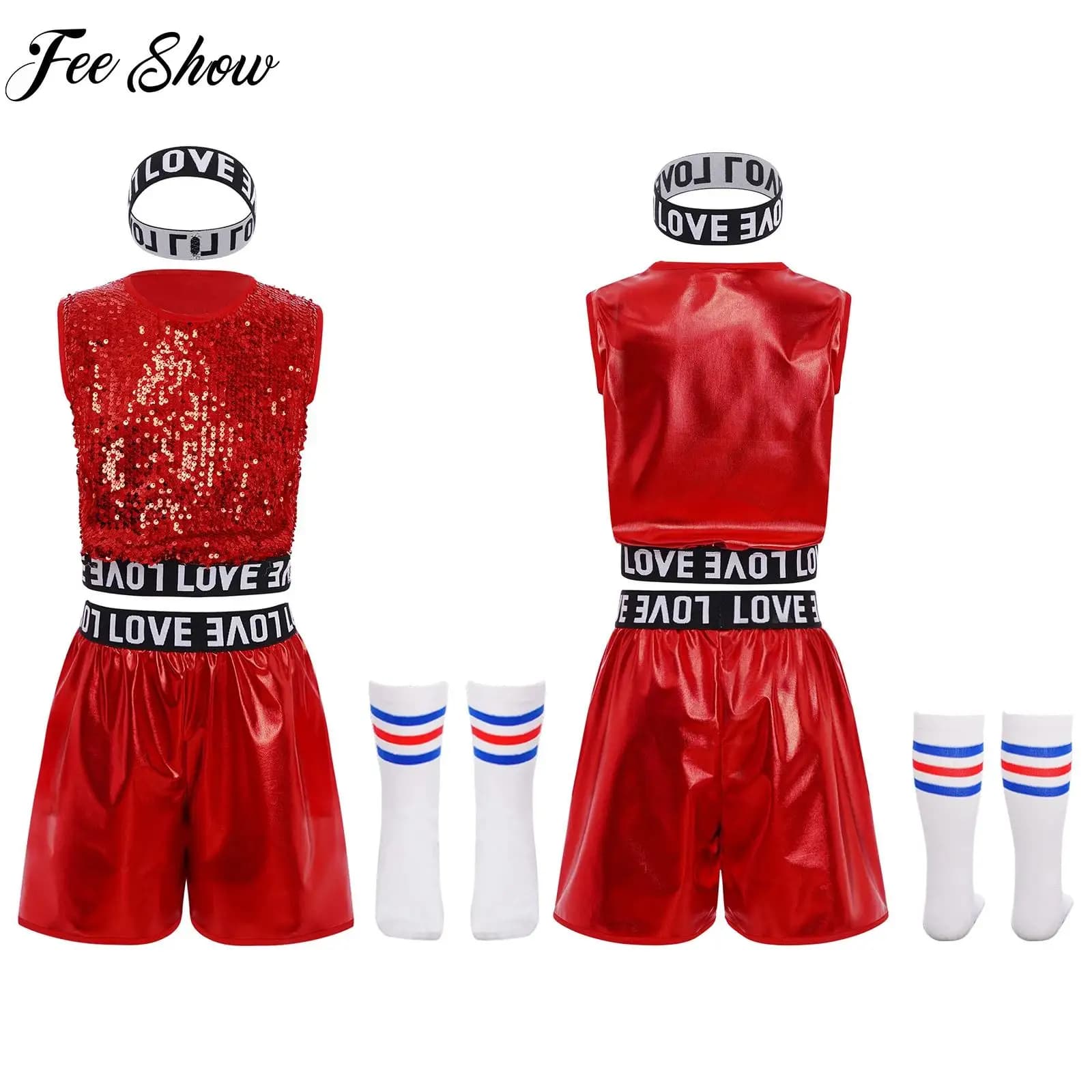 Uniforme da cheerleader per bambini per ragazzi Hip-Hop Jazz Dance Performance Set Gilet senza maniche con paillettes + Pantaloncini Fascia per capelli + Calzini a righe