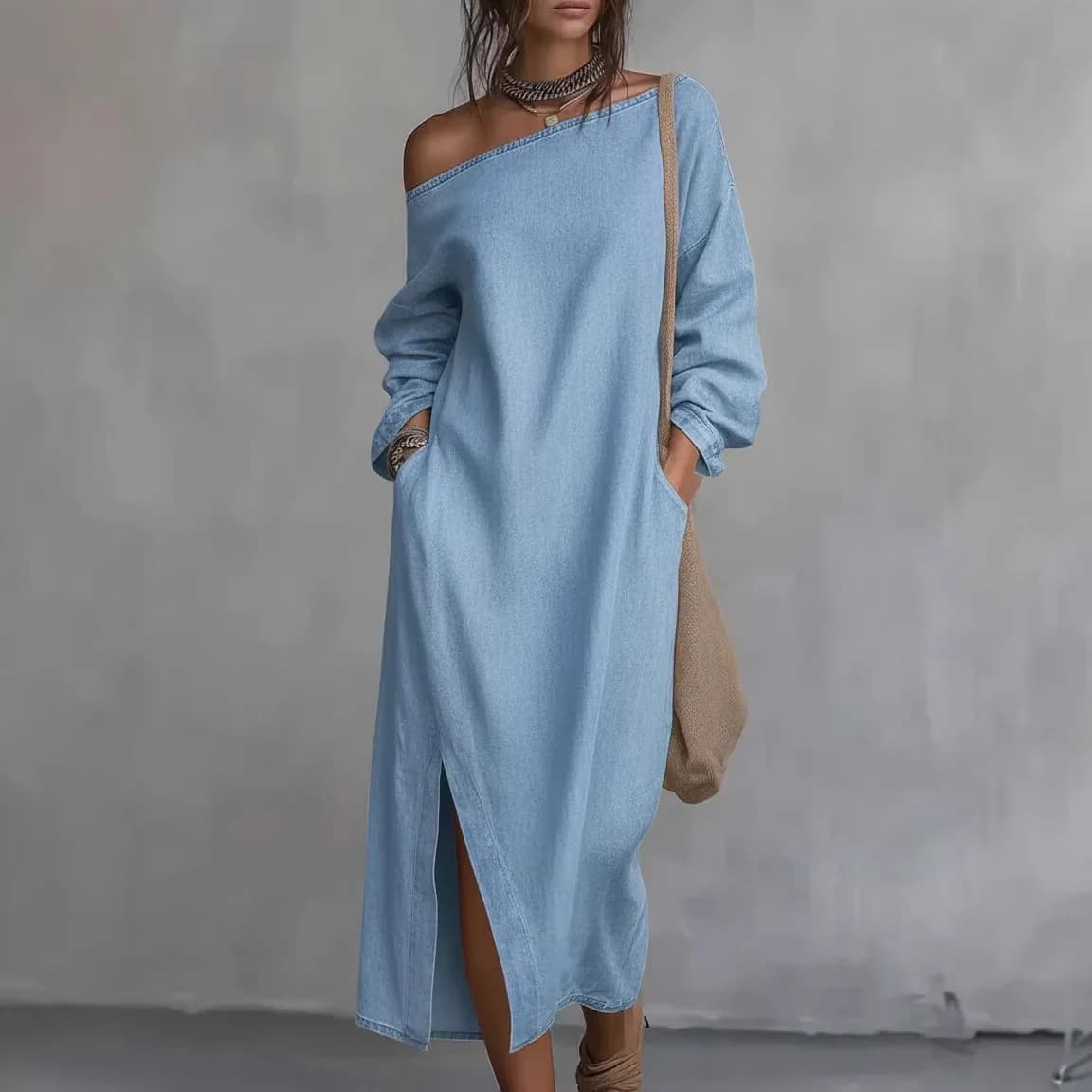 New 2026 Women's Off-Shoulder Denim Dress Neutral Style Mid-Waist Knitted A-Line Skirt Long Sleeve Versatile for Various Occa...