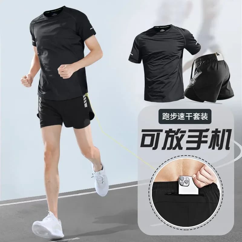 Set Professionale da Corsa per Uomo - T-Shirt e Pantaloncini in Tessuto Traspirante per Jogging e Allenamento in Palestra
