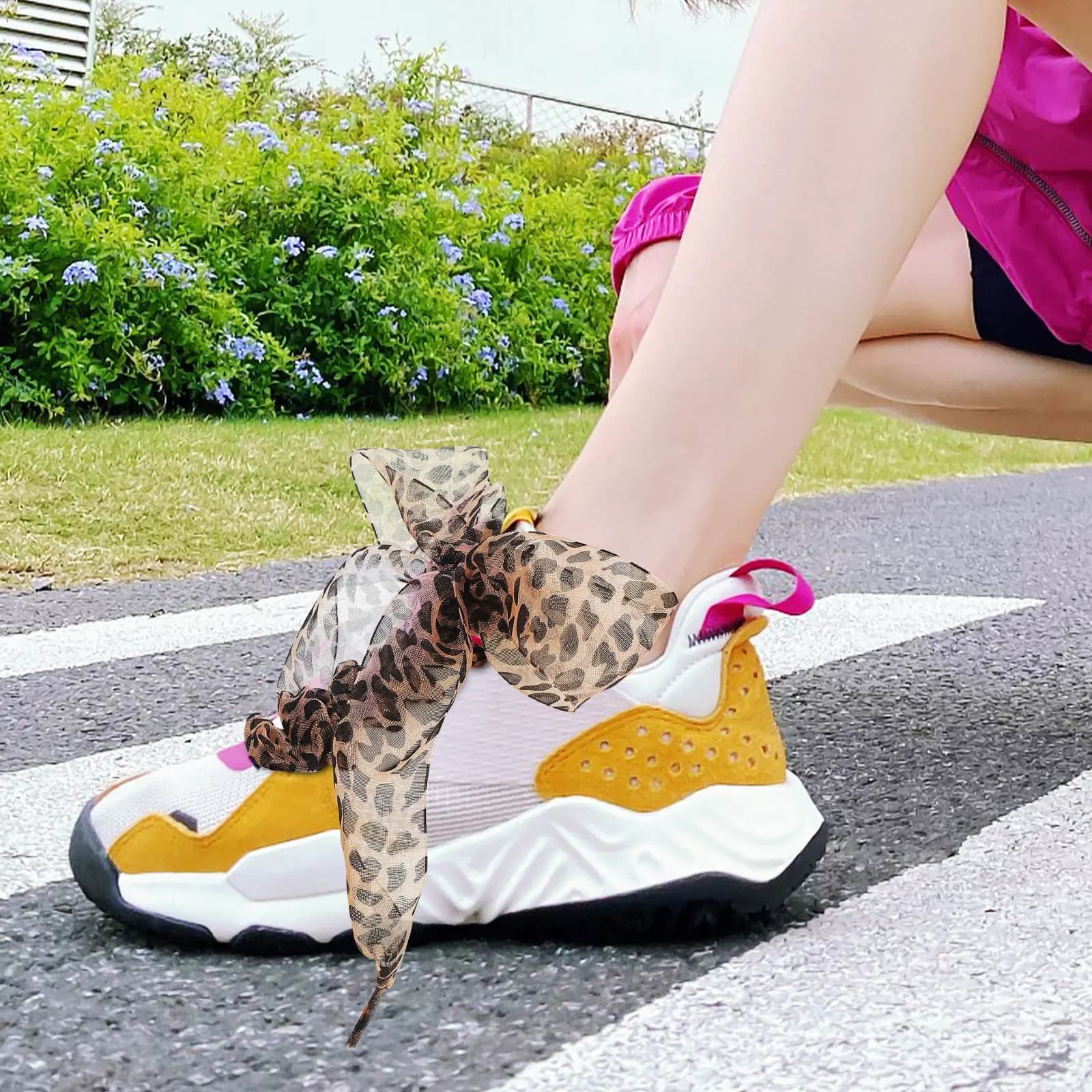 2 Pezzi Lacci Larghi con Stampa Leopardata, Eleganti Lacci Piatti a Nastro di Ricambio per Sneakers e Scarpe Eleganti, Lacci Colorati con Motivi
