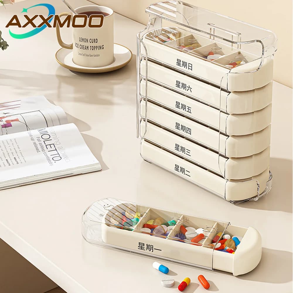 AM PM pills organizer for 7 days, design with wide opening for easy filling, portable travel case for vitamins and supplements
