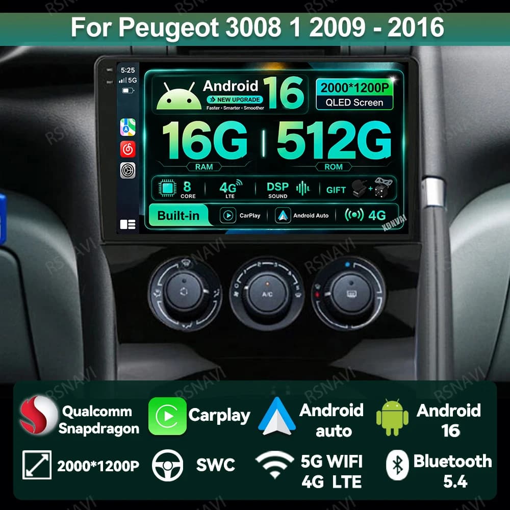Car Radio Android 16 For Peugeot 3008 1 2009 - 2016 5G WIFI Multimedia Wireless Carplay Auto Stereo Viedo Player Head Unit DVD