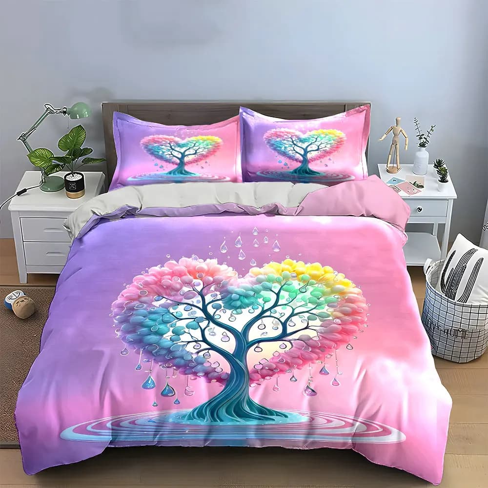 Set di biancheria da letto con poster artistico a forma di albero a forma di cuore, con 1 copripiumino e 2 federe, singolo, matrimoniale, king size, queen size, regalo