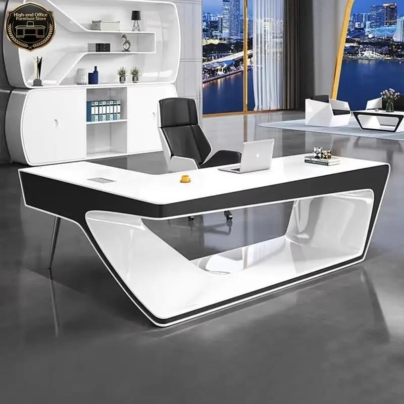 Scrivania Direzionale in Legno Bianco, Scrivania da Ufficio Regolabile per Manager, Scrivania per Computer e Gaming, Grande Postazione di Lavoro
