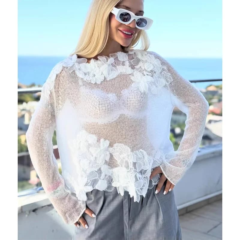 Maglione da Donna Primavera-Autunno 2026 con Design Floreale in Pizzo Trasparente