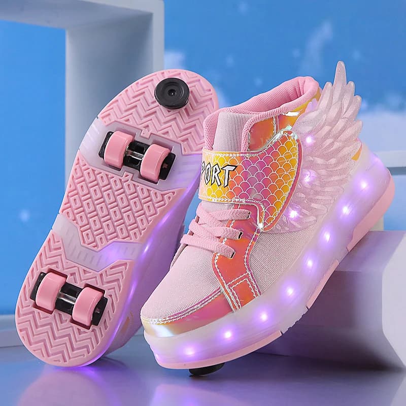 Scarpe da skate a rotelle con luce a led per bambini Sport casual per bambini 4 ruote con freno Sneaker Ragazza Ragazzo Stivali con ali Calzature regalo di compleanno
