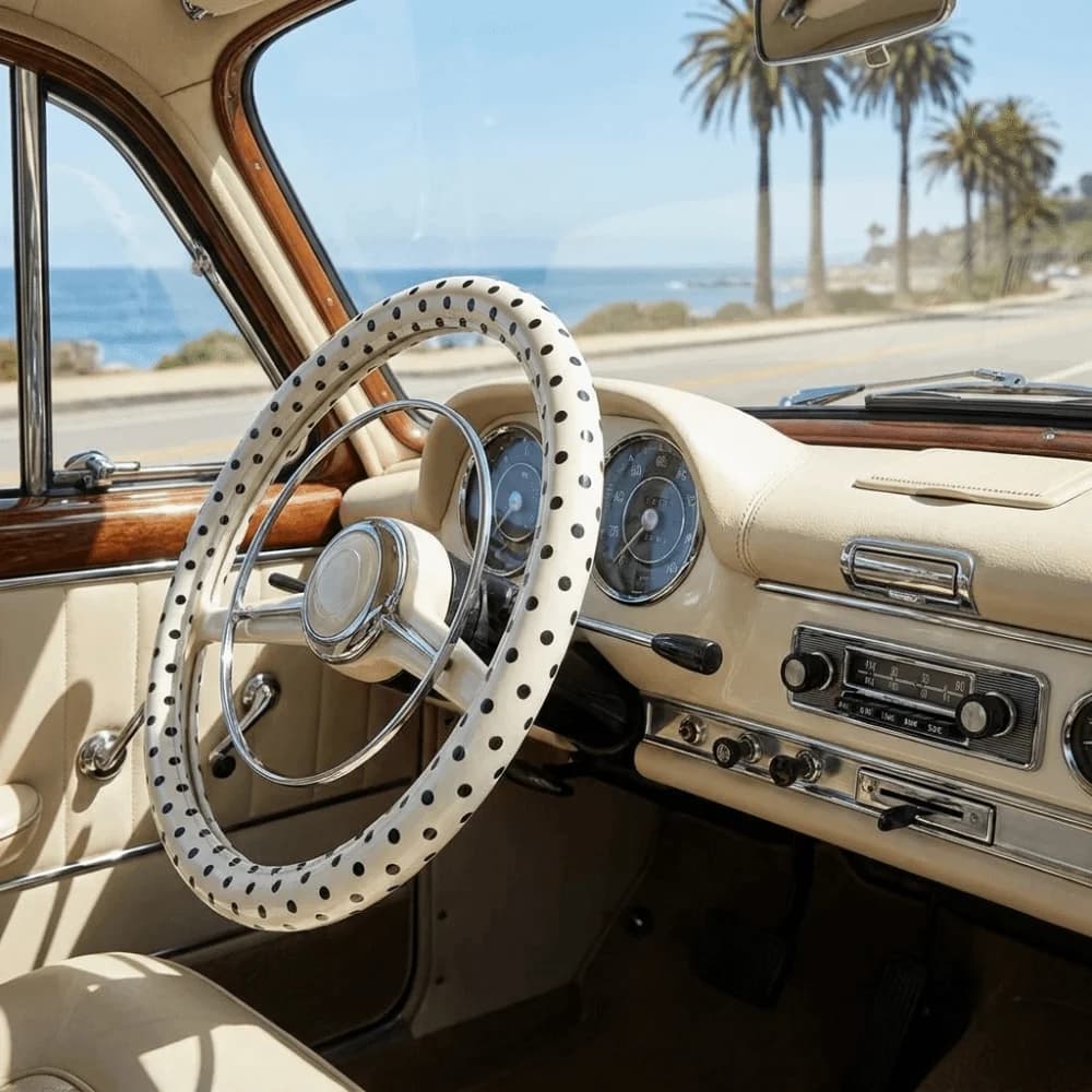 Polka Dot Pattern Steering Wheel Cover Leather Material Comfortable Hand Feel Car Protective Sleeve Easy To Install Stylish Look
