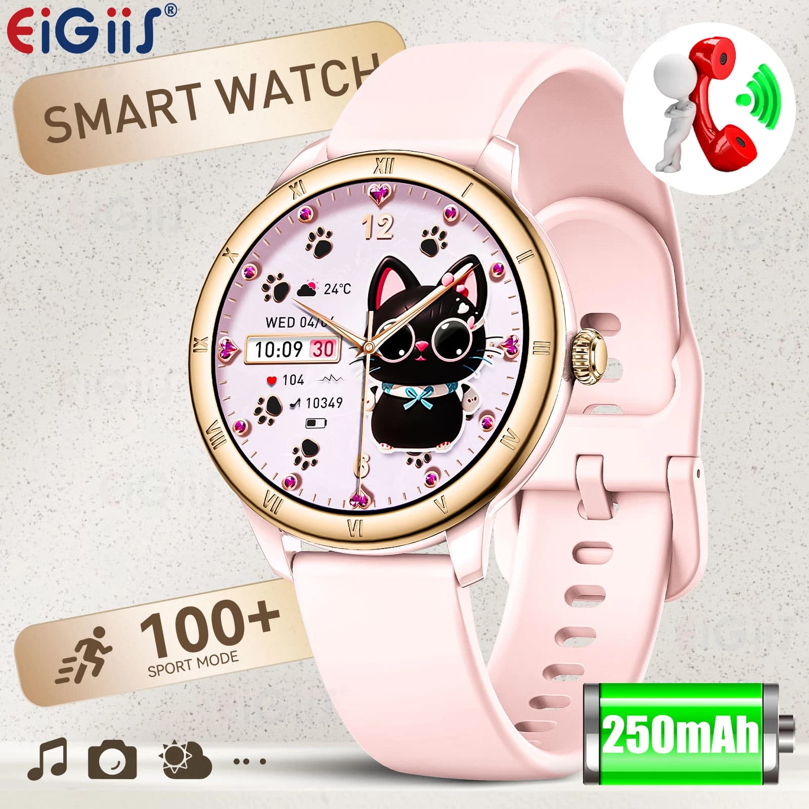 EIGIIS KE8 Smartwatch da donna con chiamata Bluetooth, contapassi, monitoraggio del sonno, calorie, registratore del ciclo fisiologico femminile
