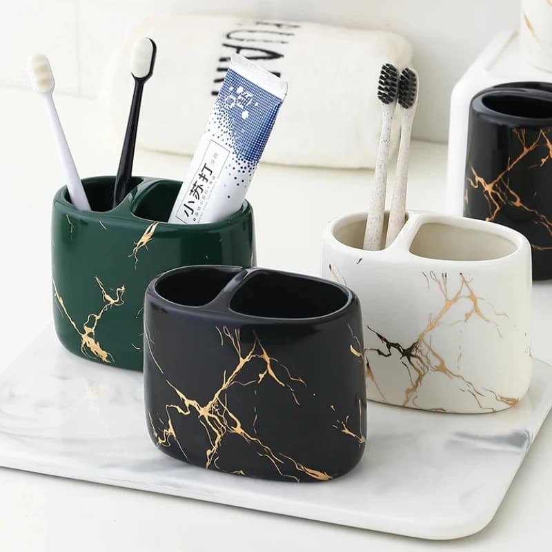 Portaspazzolino multifunzionale: tazza in ceramica di marmo e organizer da bagno per spazzolini e forniture