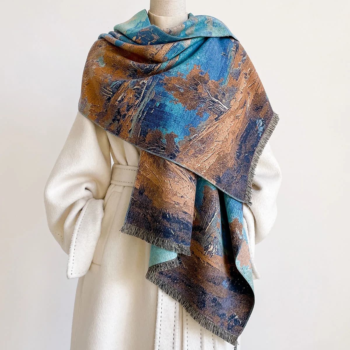 Women Imitation Cashmere Scarf Fringed Thick Warm Shawl Winter Print Scarf Reversible Pashmina Large Blanket Wrap