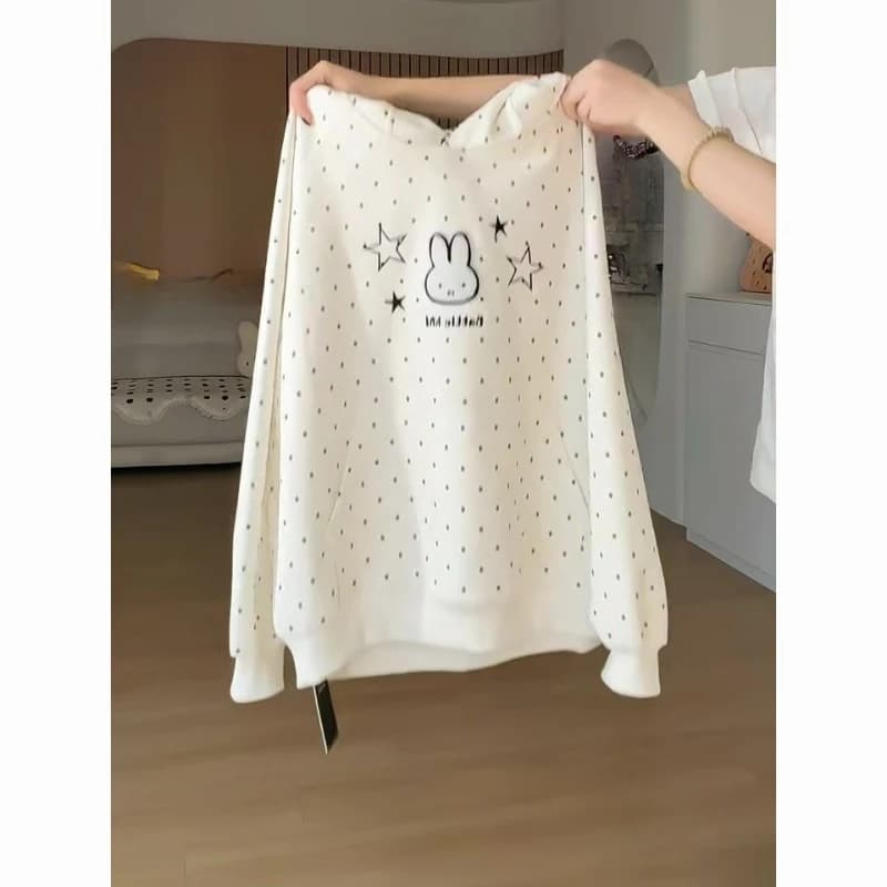 Cartoon Kawaii Miffy Wave Point Printing Hooded Hoodie Woman Loose and Comfortable Overcoat Let in Air Absorb Sweat Soft Fashion