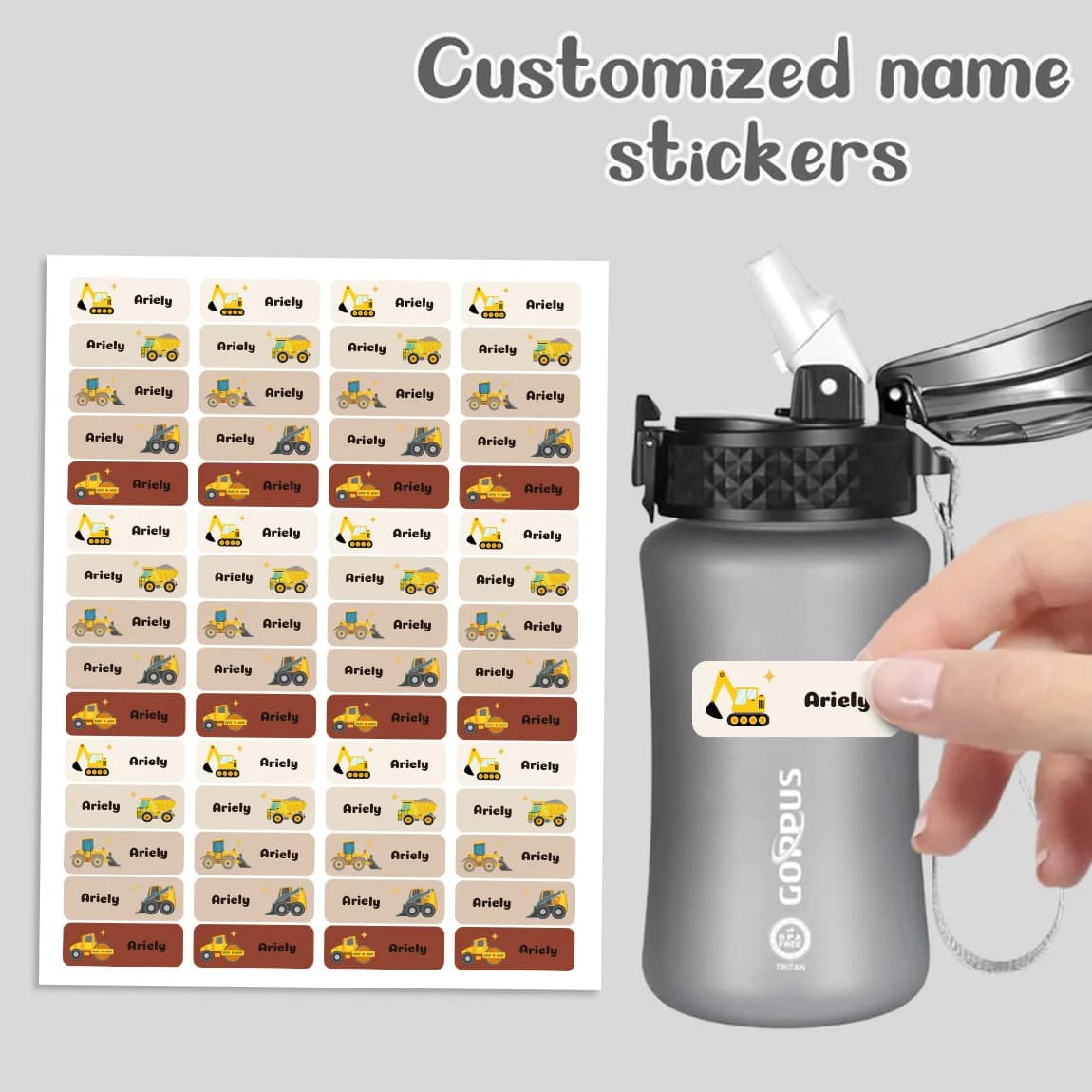 120 adesivi personalizzati con nome per bambini, etichette impermeabili a tema camion da costruzione per materiale scolastico, libri, tazze, scatole per il pranzo