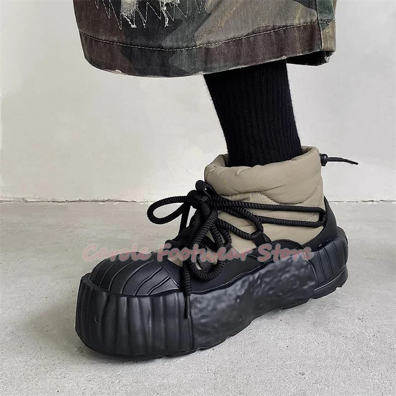 Male Bread Big Head Thick-Soled Cross Strap Snow Boots Winter Warm Casual Shoes Mixed Color High Top Men's Short Boots