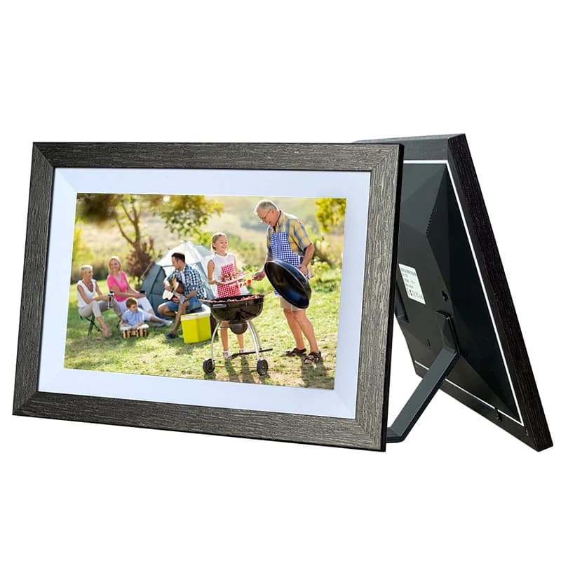 Cornice Digitale per Foto in Legno con Schermo Touch IPS HD da 10.1 Pollici, Rotazione Automatica, Display Orologio, Supporta Avi e Aggiunta Foto