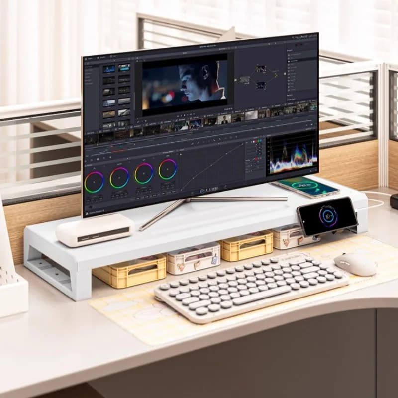 Support for metal computer monitor with wireless charging Workstation Organizer with USB expansion shelf for office settings