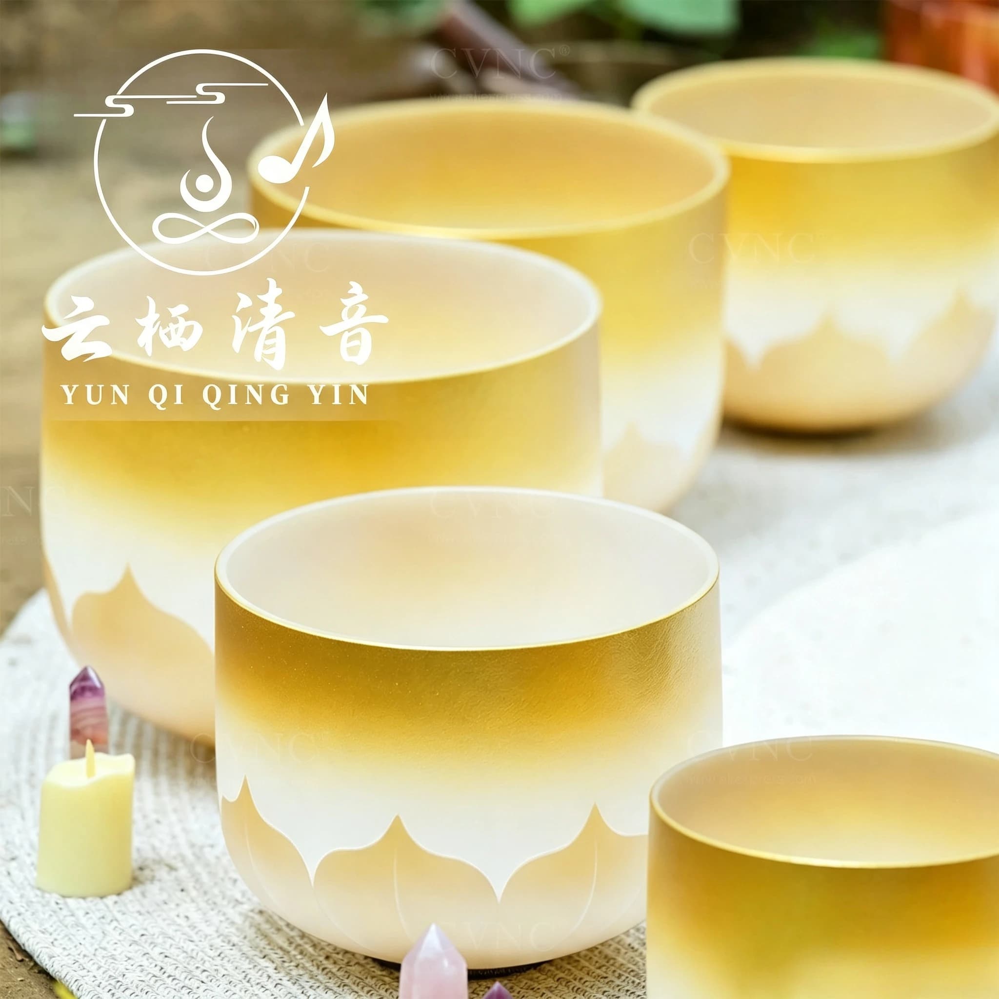 YUN QI QING YIN 6-12 Inch 7Pcs Golden Lotus Colored Frosted Quartz Crystal Singing Bowls Chakra Set With Storage Bags Yoga Sound Healing Meditation Bowls
